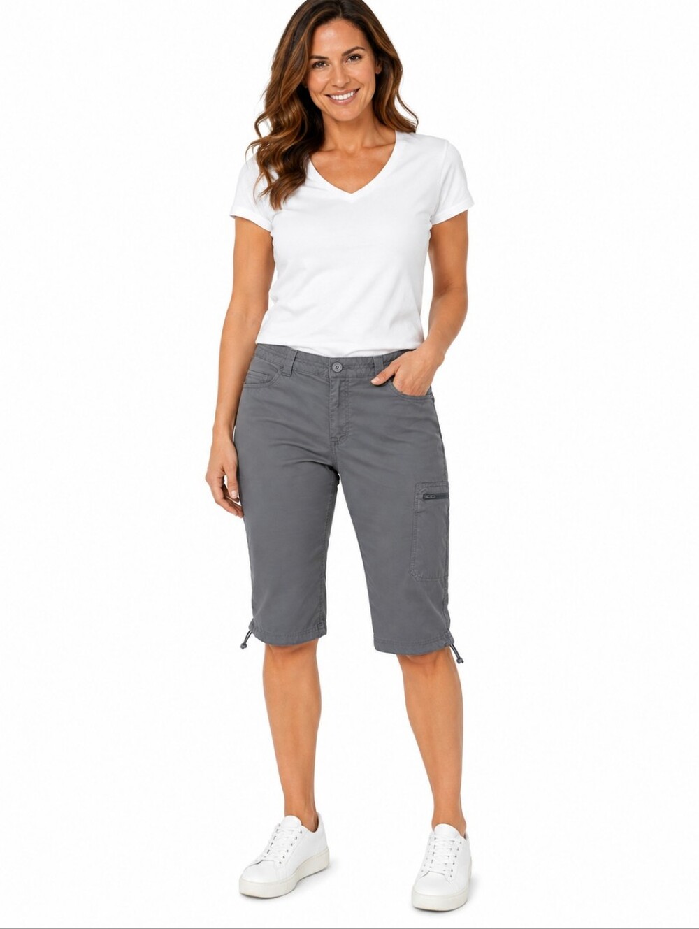 Eddie Bauer Women 14 Gray Guide Pants Hiking Outdoor Cargo Capri Crop Bungee Hem
